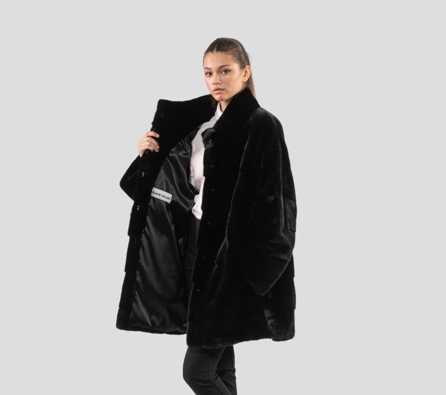 Black Velvet Mink Fur Jacket With Stand-Up Collar