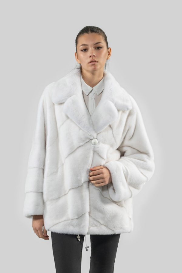 White Velvet Mink Fur Jacket With Notched Collar