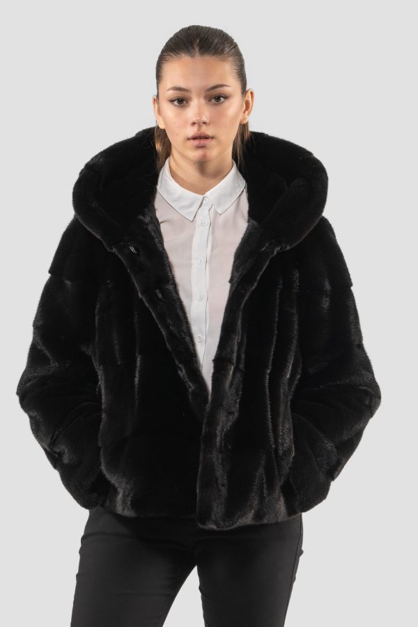 Horizontal Layer Black Mink Fur Jacket With Hood