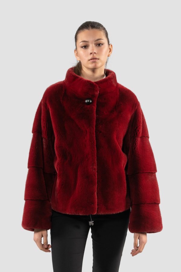 Cherry Red Mink Fur Jacket With Stand-Up Collar