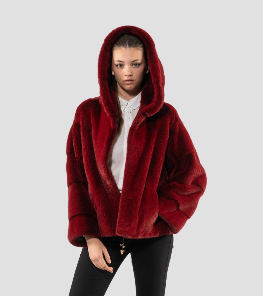 Cherry Red Mink Fur Jacket With Hood