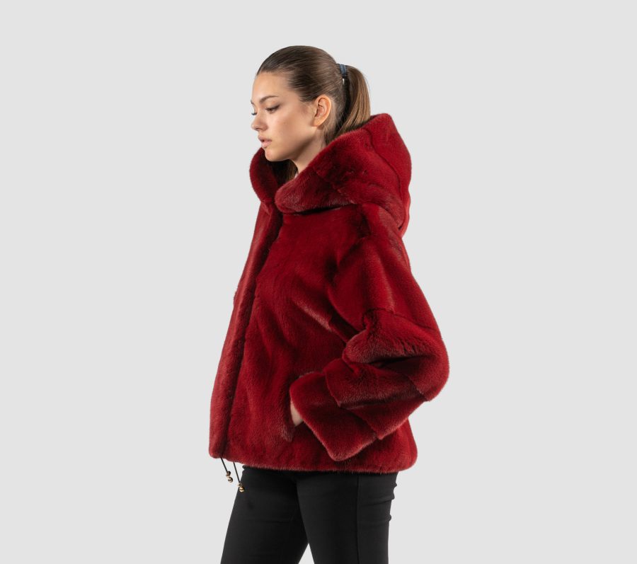 Cherry Red Mink Fur Jacket With Hood