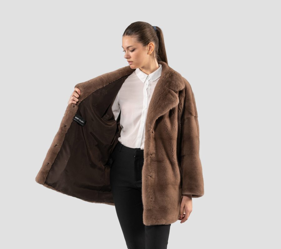 Taupe Mink Fur Jacket With Notched Collar