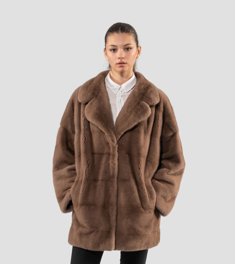 Taupe Mink Fur Jacket With Notched Collar