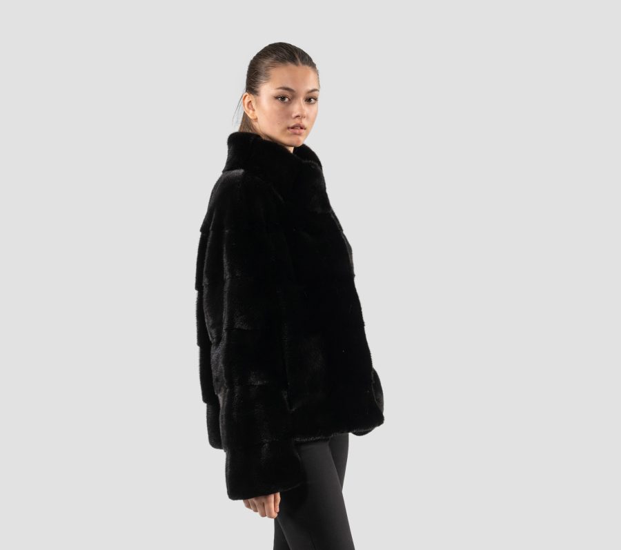 Horizontal Layer Black Velvet Mink Fur Jacket