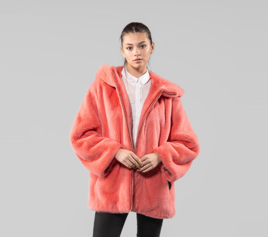 Orange Mink Fur Jacket With Hood