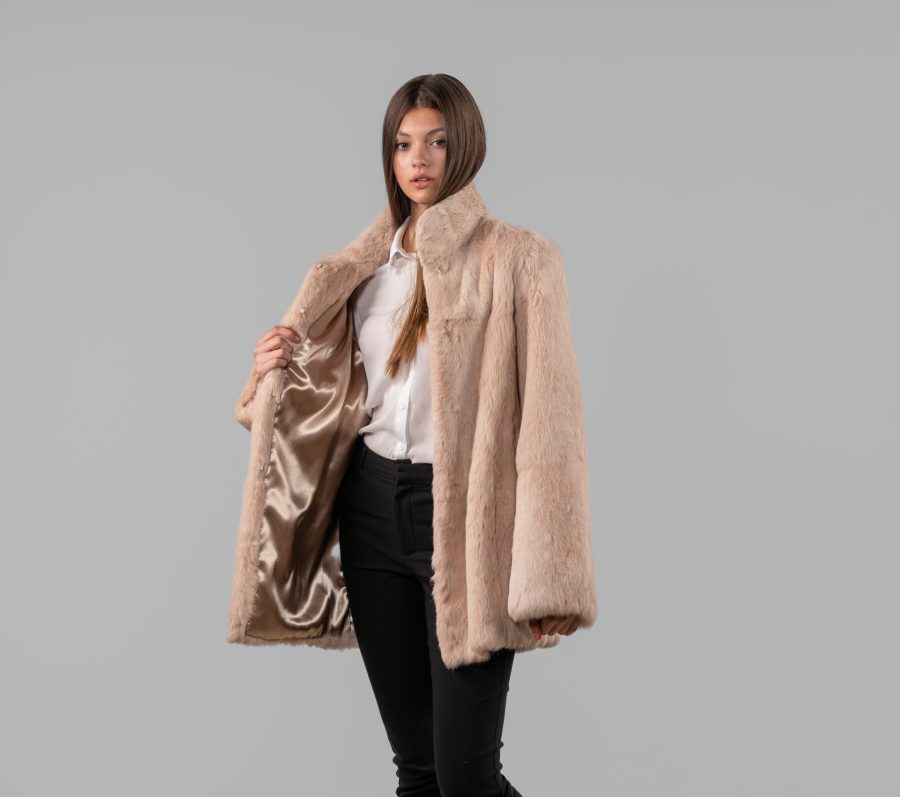 Light Pink Rabbit Fur Jacket With Stand-Up Collar