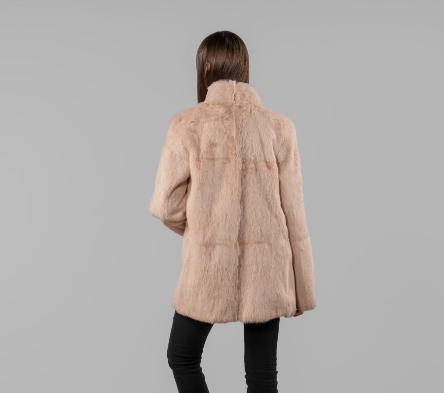 Light Pink Rabbit Fur Jacket With Stand-Up Collar