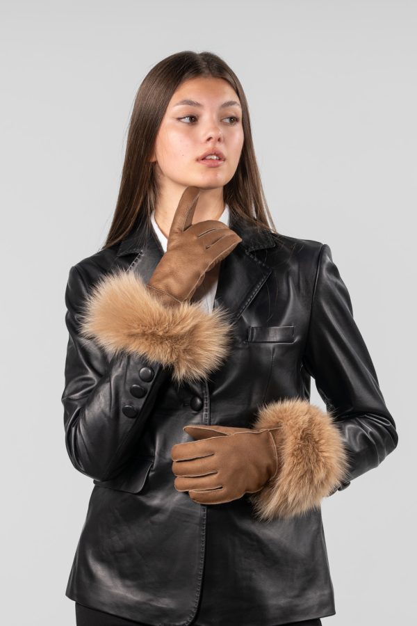 Sheepskin Fur Gloves With Fox Trim