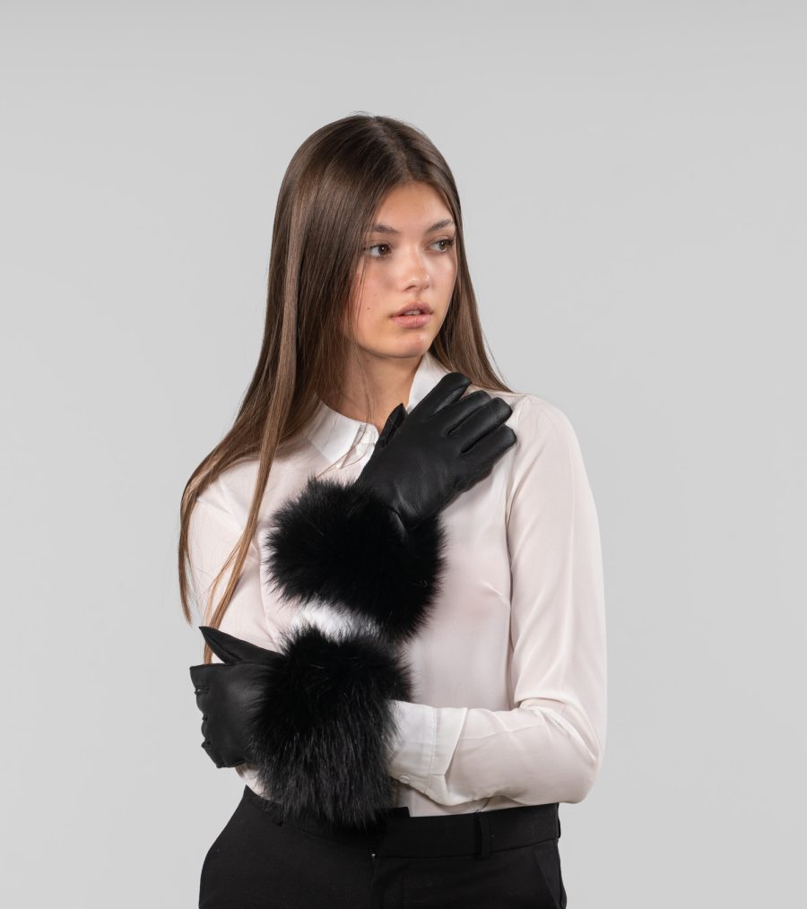 Black Sheepskin Gloves With Fox Fur Trim