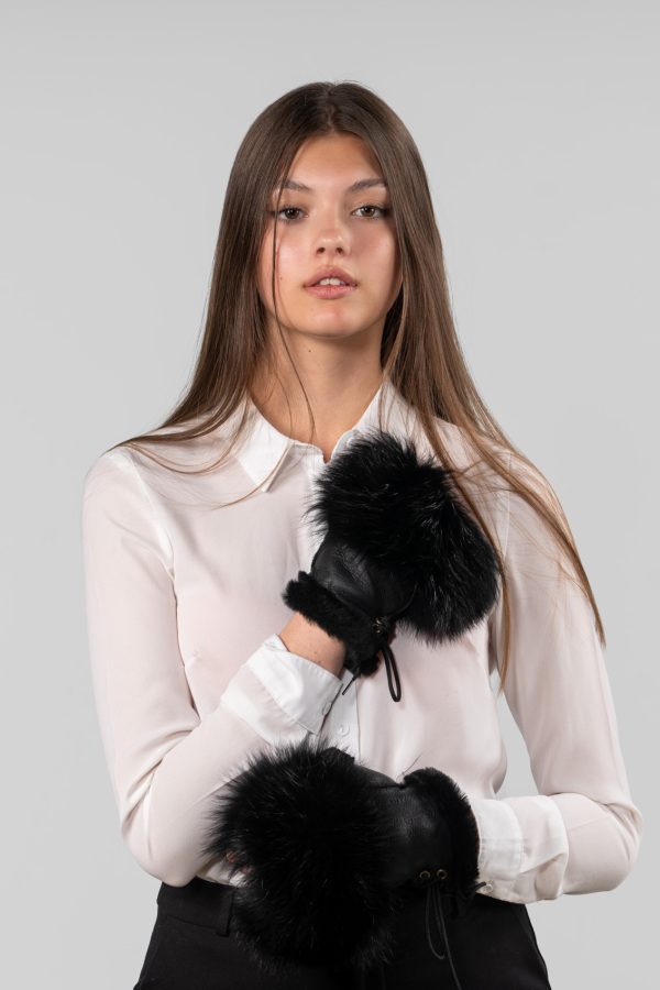 Fingerless Shearling Fur Gloves With Fox Trim