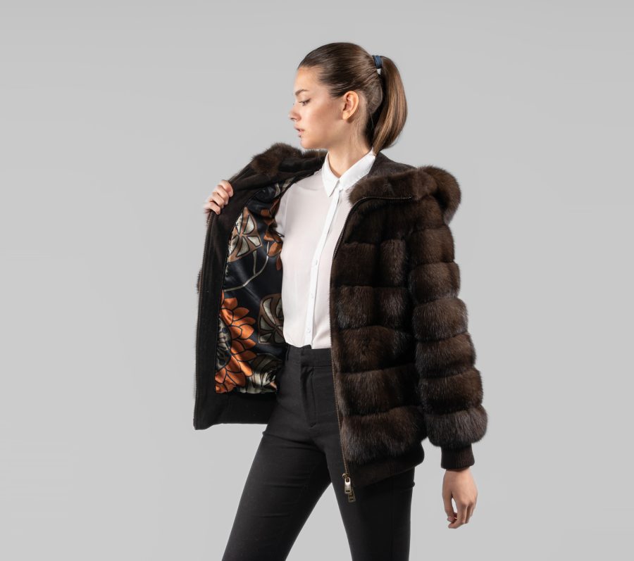 Hooded Sable Fur Jacket With Front Zip Closure