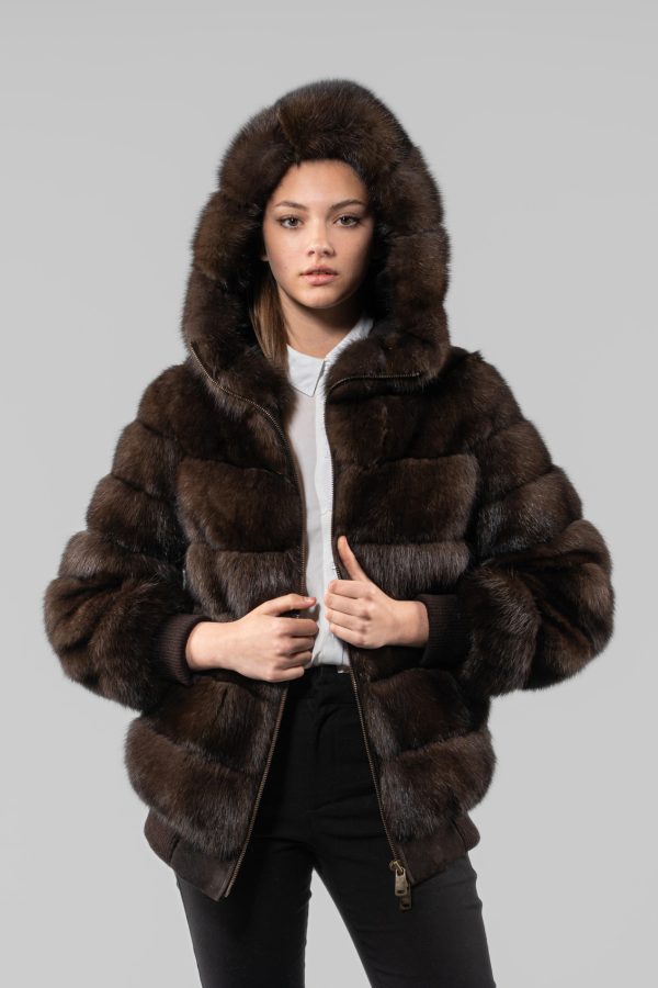 Hooded Sable Fur Jacket With Front Zip Closure