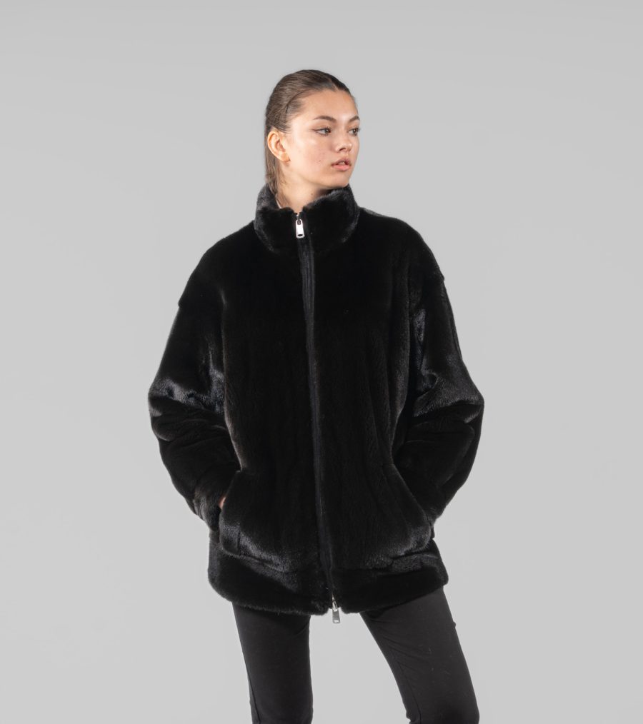 Zipper Blackglama Mink Fur Jacket With Stand-Up Collar