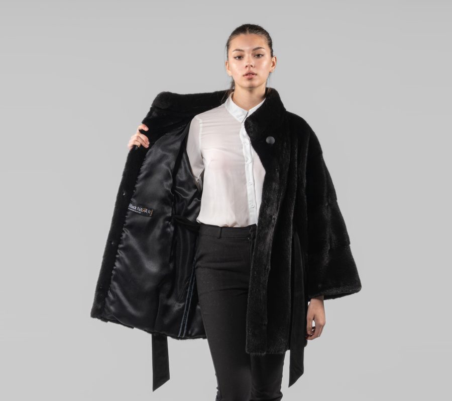 Black Nafa Mink Fur Jacket With Belt