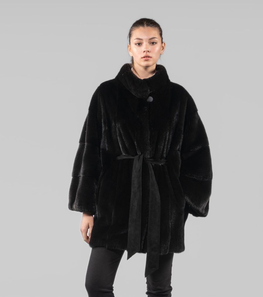 Black Nafa Mink Fur Jacket With Belt