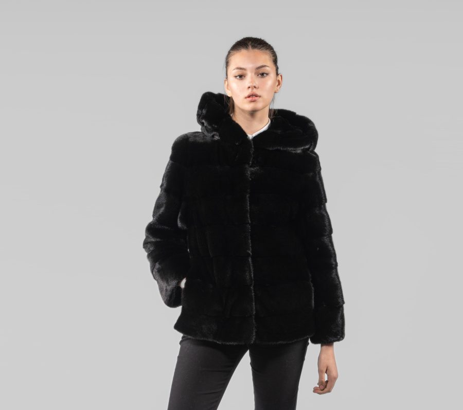 Hooded Blackglama Mink Fur Jacket With Horizontal Layers