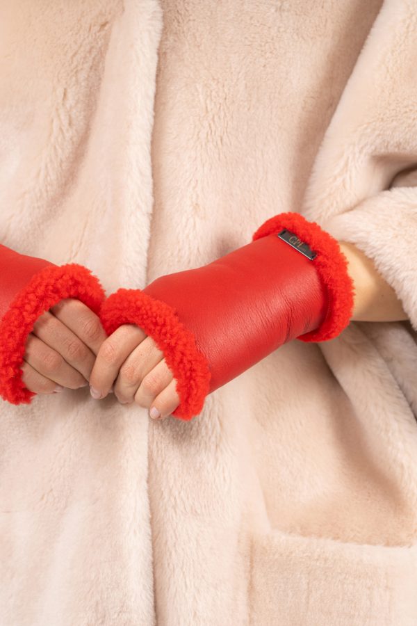 Cherry Red Fingerless Shearling Fur Gloves
