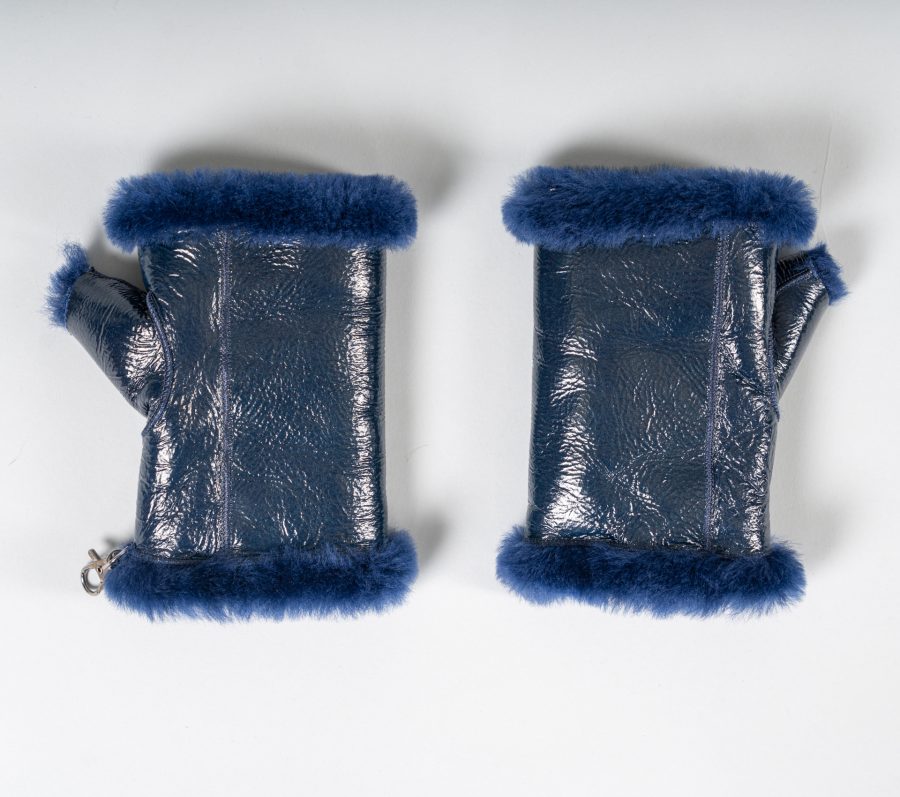 Blue Fingerless Shearling Gloves