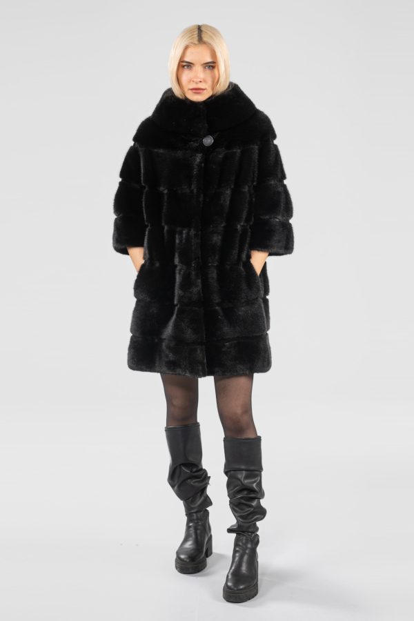 Black Mink Fur Jacket With Wide Stand-Up Collar
