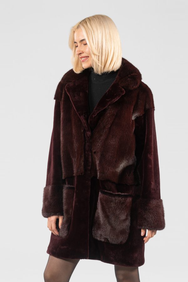 Burgundy Mink Fur Coat With Notched Collar