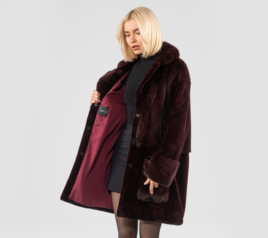 Burgundy Mink Fur Coat With Notched Collar
