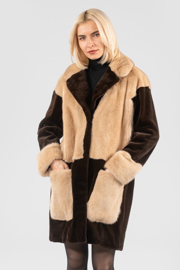Brown Mink Fur Jacket With Beige Details