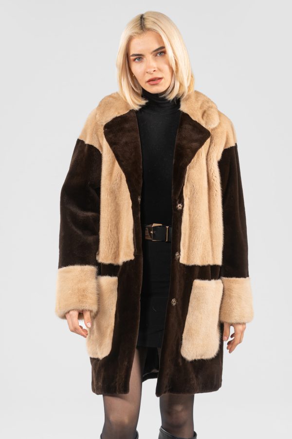 Brown Mink Fur Jacket With Beige Details