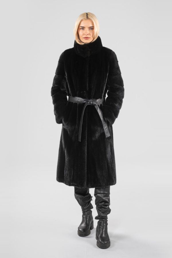 Black Let-Out Mink Fur Coat With Belt