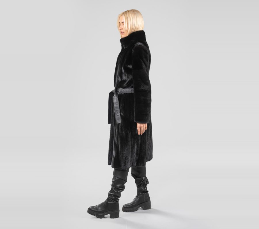 Black Let-Out Mink Fur Coat With Belt