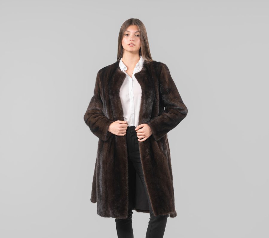 Collarless Brown Mink Fur Coat