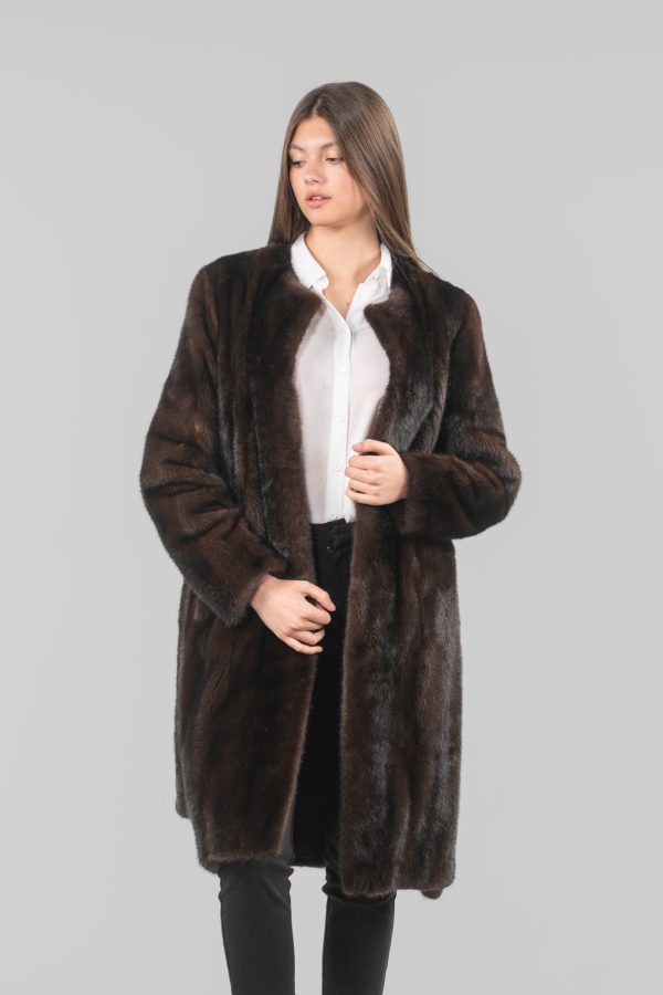 Collarless Brown Mink Fur Coat
