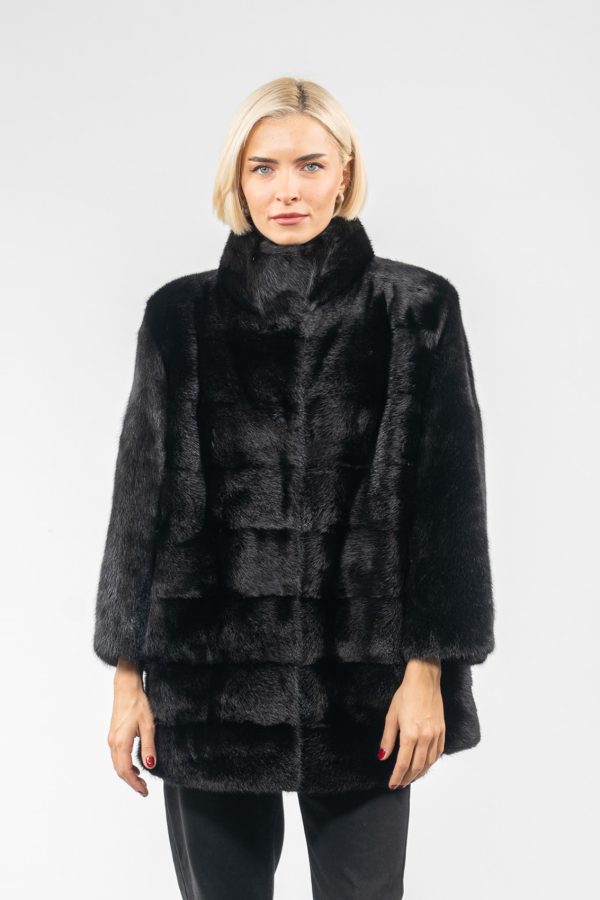 Horizontal Design Mink Fur Jacket In Black Color