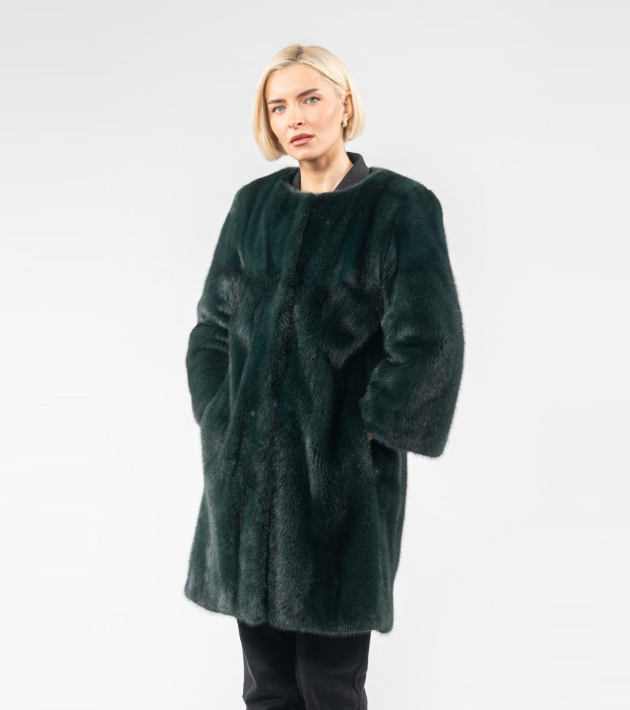 Collarless Forest Green Mink Fur Jacket