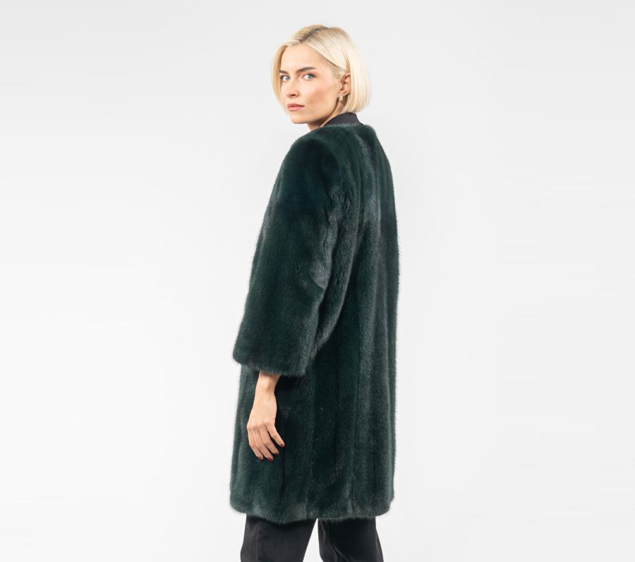 Collarless Forest Green Mink Fur Jacket- 100% Real Fur