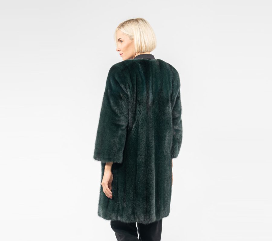 Collarless Forest Green Mink Fur Jacket