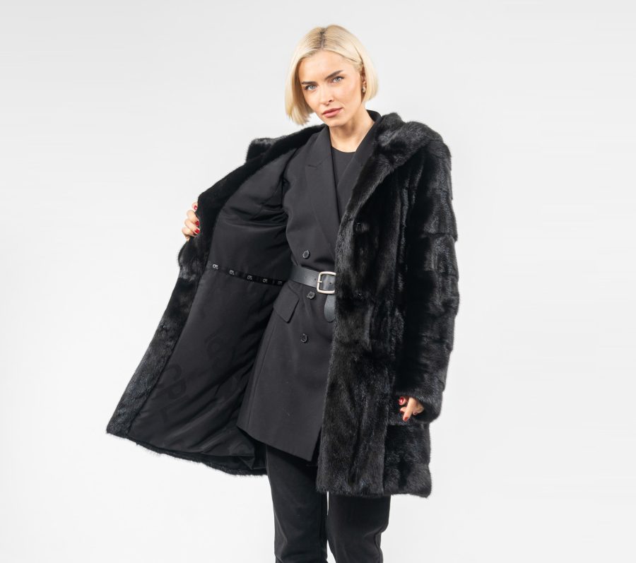 Layered Black Mink Fur Jacket With Hood