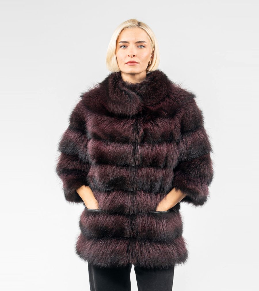 Burgundy Raccoon Fur Jacket With 7/8 Sleeves