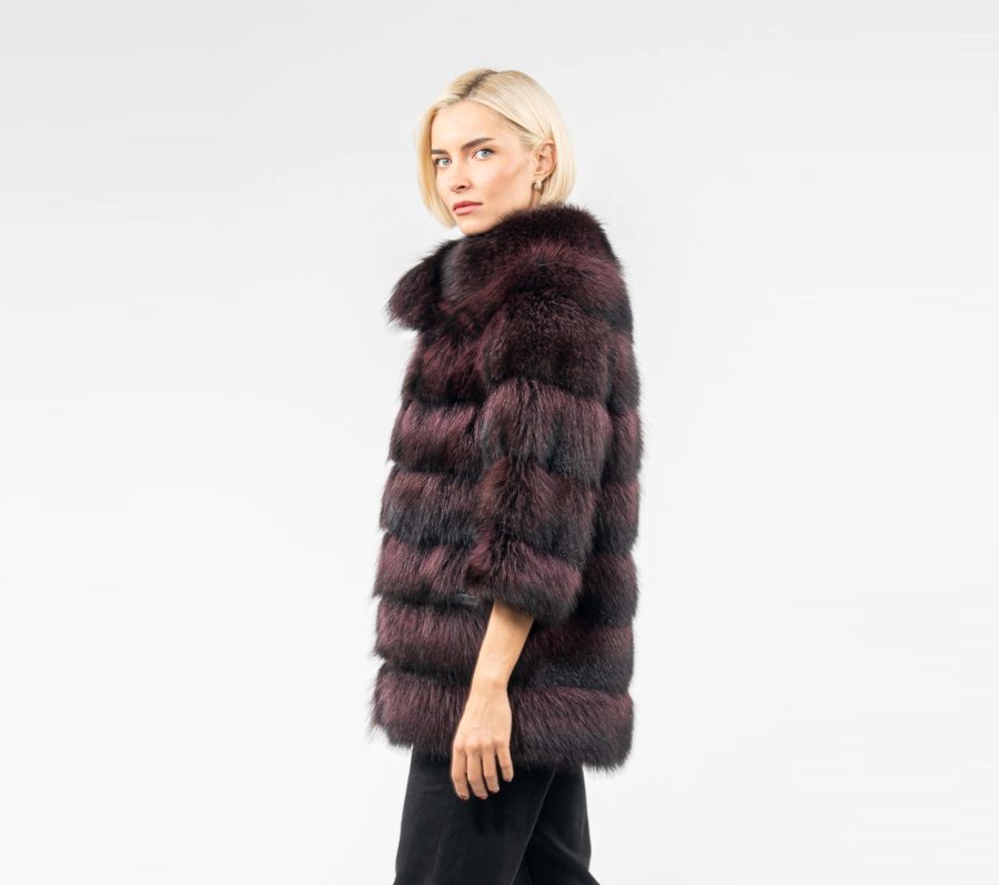 Burgundy Raccoon Fur Jacket With 7/8 Sleeves