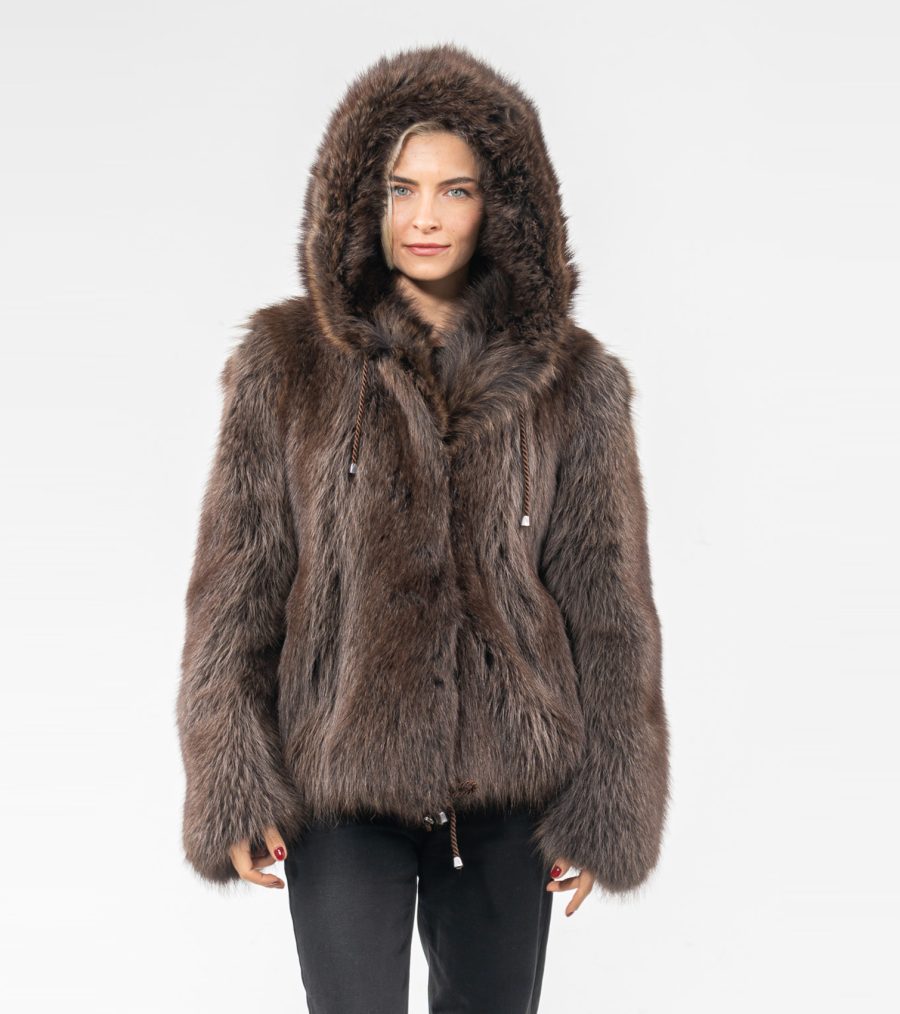 Brown Raccoon Fur Jacket With Hood