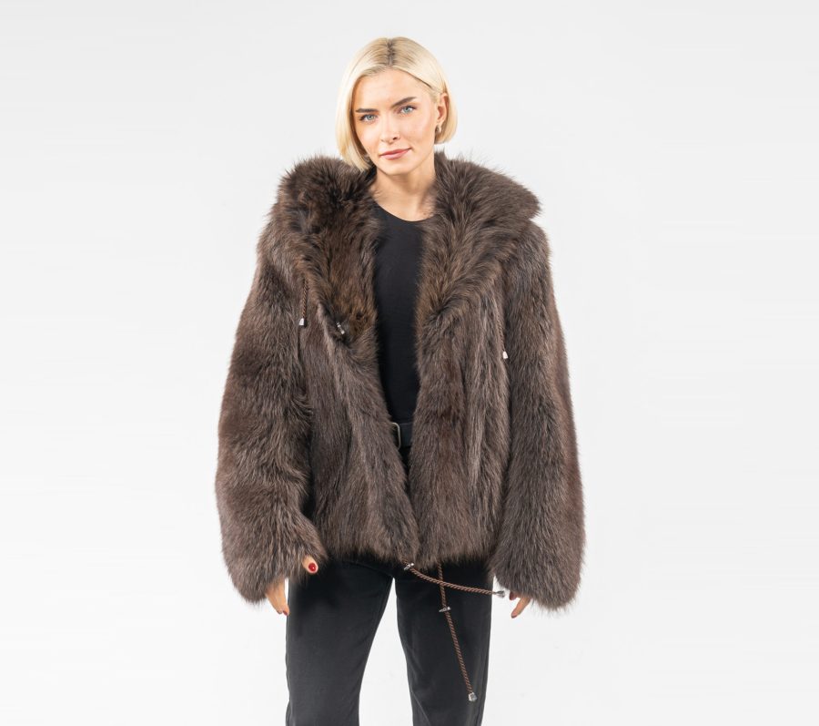 Brown Raccoon Fur Jacket With Hood
