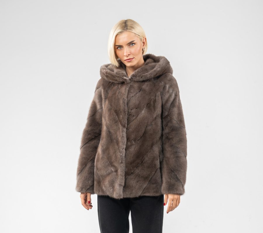 Hooded Diagonal Layer Brown Mink Fur Jacket - 100% Real Fur