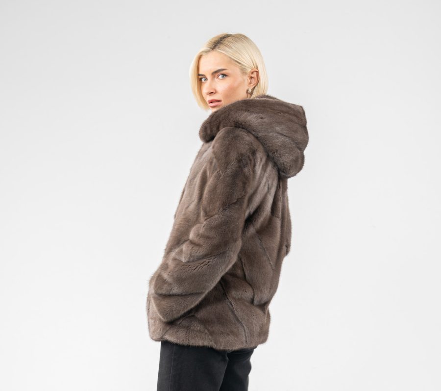 Hooded Diagonal Layer Brown Mink Fur Jacket
