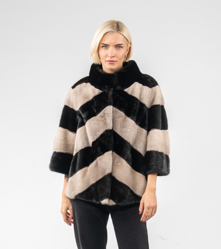 Black And Beige Diagonal Mink Fur Jacket