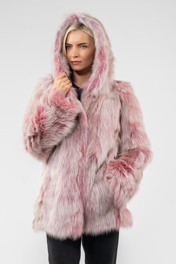 Faded Pink Fox Fur Jacket With Hood