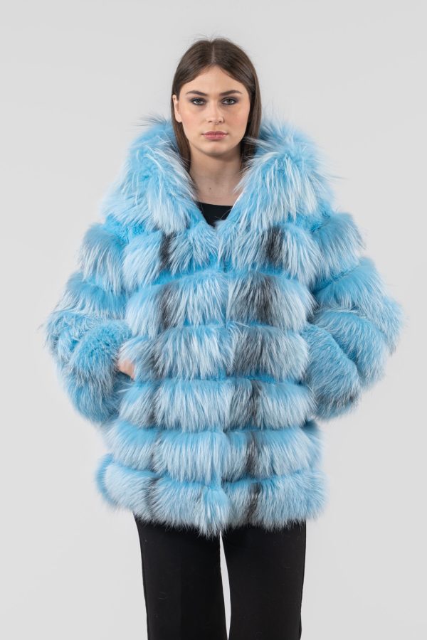 Fluffy Blue Fox Fur Jacket With Hood
