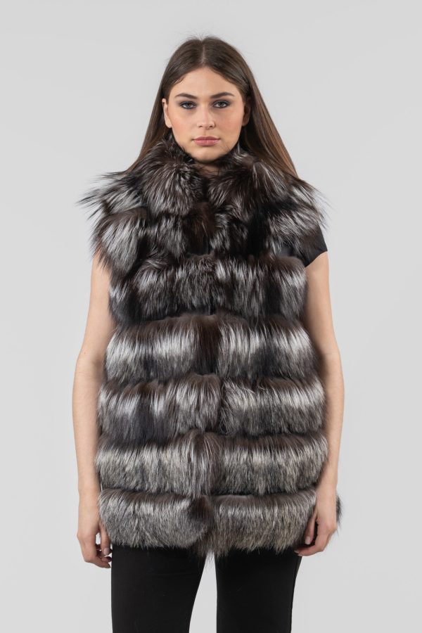 Horizontal Layer Arzante Fox Fur Vest With Hood