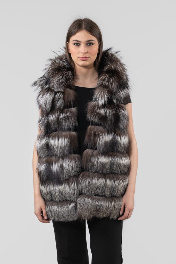 Horizontal Layer Arzante Fox Fur Vest With Hood