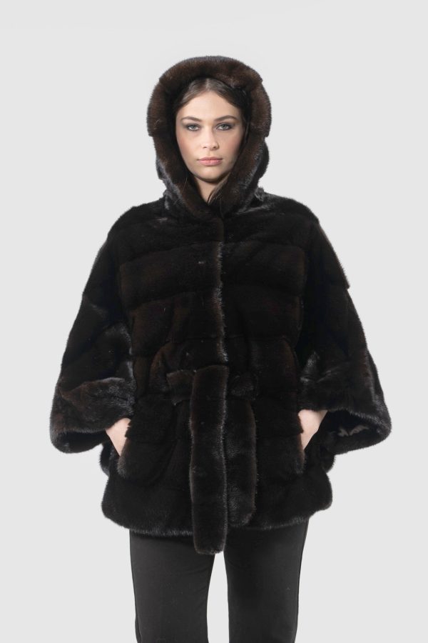Dark Mahogany Mink Fur Cape With Hood