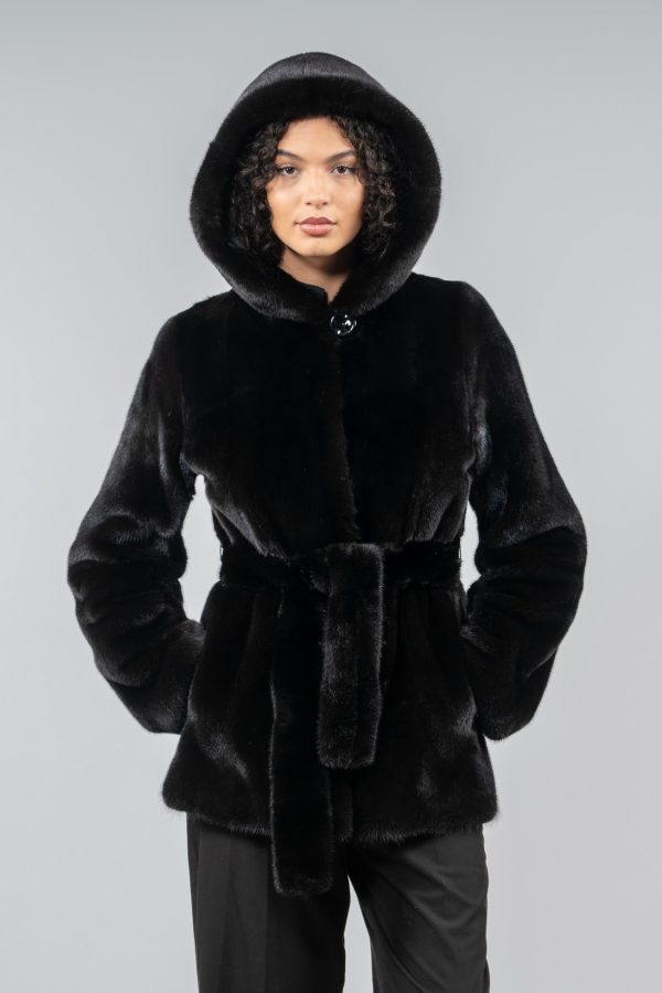 Hooded Black Velvet Mink Fur Jacket With Belt